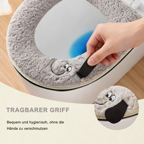 QUNXON 2 Stück Reißverschluss Toilettensitzbezug Waschbar, 43,5 x 37,5 cm Plüsch Toilet Seat Cover mit Griff, Wasserdichter PU Wc Sitzbezug auf der Rückseite, Warm Toilettenbezug für Ovale Toiletten