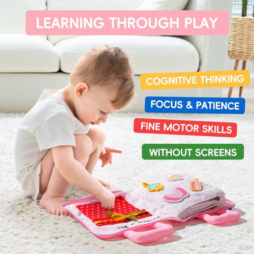 Image of Jollybaby Baby Soft Busy Books - Princess Castle, Travel Toy & Montessori Sensory Educational, 10 Preschool Learning Activities for 2 3 4 Year Old Toddlers Boy Girl(Pink)