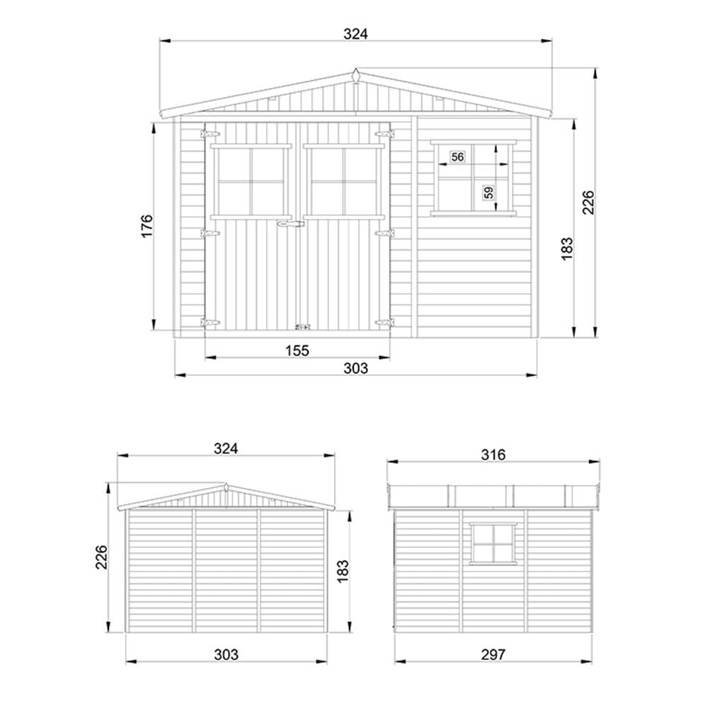 Gartenhaus Holz - Geräteschuppen mit Fenstern - H226x316x324 cm/9 m² Naturholz-Shiplap-Schuppen - Gerätehaus - Fahrradschuppen - TIMBELA M335