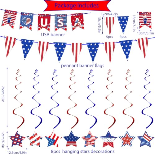 Image of 4th of July Decorations for Independence Day with USA Banner, Red White and Blue Decorations with Pennant Banner Flags, Hanging Star for Patriotic Decoration
