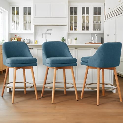Image of kinmars Modern Bar Stools Set of 2,Swivel Counter Height Bar Stools with Soft Upholstered Back,Thick Seat,Wooden Legs, 27 inch Counter Stools for Kitchen Island (Blue, 3 Pieces - 27 inch Counter Height)