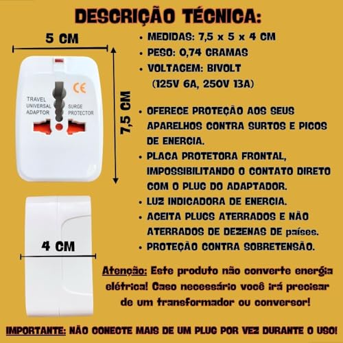 Adaptador De Tomada Plug Universal Padrão Para Viagem Internacional Países Bivolt 110v/220v Portátil