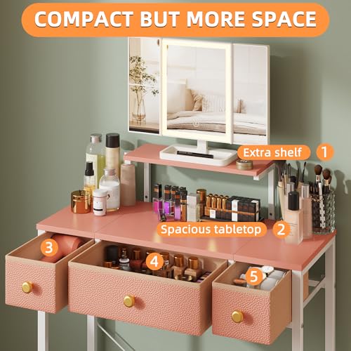 Image of HIGDBFE Small Makeup Vanity Desk 27.5''W with Mirror and Lights, 3 Drawers | USB Lighted Mirror, Height-Adjustable Stand, Fabric Drawers, Girls /Kids Gifts, Bedroom, Small Space, Dorm, Pink