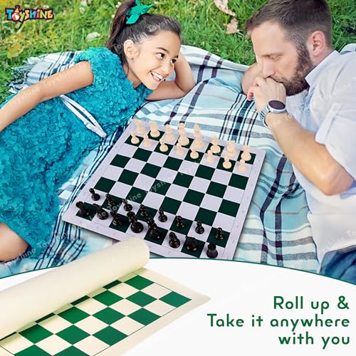 Image of Toyshine 17 inch X 17 inch Tournament Chess Set with Plastic Chessmen and Green Roll-Up Vinyl Mat (SSTP)