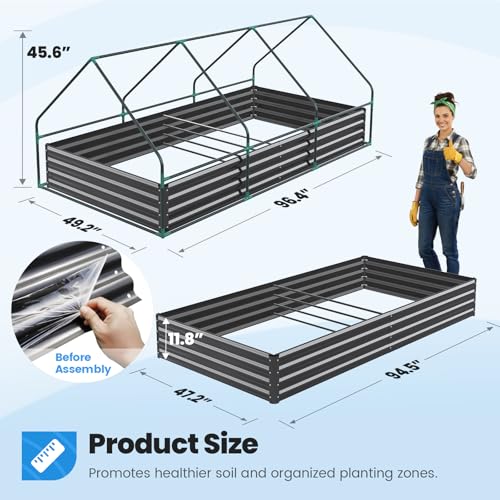 Image of Quictent Raised Garden Bed Galvanized Raised Beds for Gardening Vegetables with Cover 8x4x1 ft Metal Planter Box Outdoor Use (Clear)