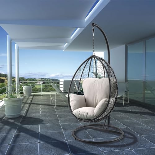 BKNROIHB Fabric & Wicker Hanging Chair with Stand, All-Weather Resin Wicker, Steel Frame, Foam Filling Cushion, Adjustable Headrest(Beige Black)