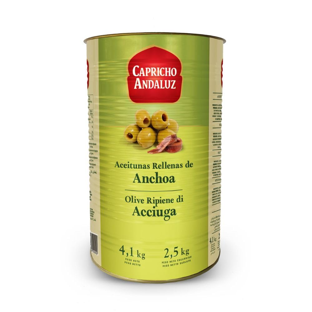 Capricho Andaluz - Aceitunas Manzanilla Rellenas de Anchoa Lata 4,1kg (2,5kg Escurrido) - Sabor Clásico de Aperitivo, Formato Profesional para Bares, Restaurantes y Caterings