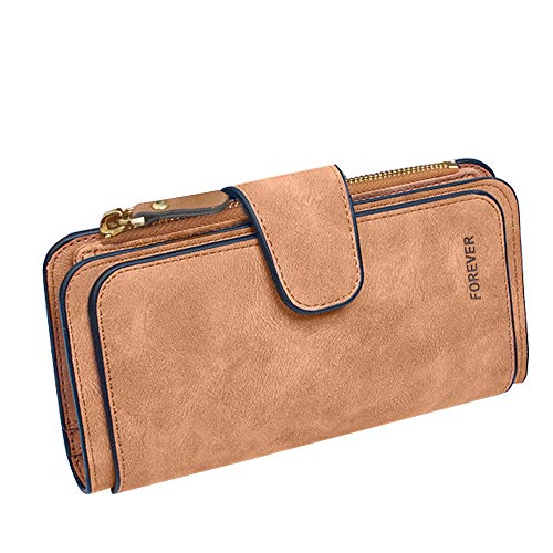 Women's RFID Blocking Wallet, Large Capacity Bifold PU Leather Phone Card Holder Organizer Snap Wallet with Zipper Pocket for Girls, Travel Purse, Brown, 9cm x 2cm x 19cm3