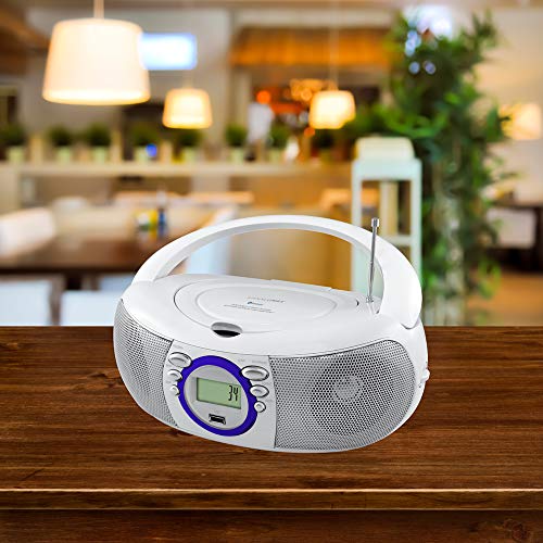 HANNLOMAX HX-321CD Portable CD/MP3 Boombox, AM/FM Radio, Bluetooth, USB Port for MP3 Playback, Aux-in, LCD Display, AC/DC Dual Power Source (White)