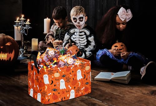 Image of Rectangle Pumpkin Ghost Pattern Gift Storage Basket Home Shelf Storage Basket Organizer Box Clothes Laundry Hamper Nursery Basket Laundry Basket with Handles