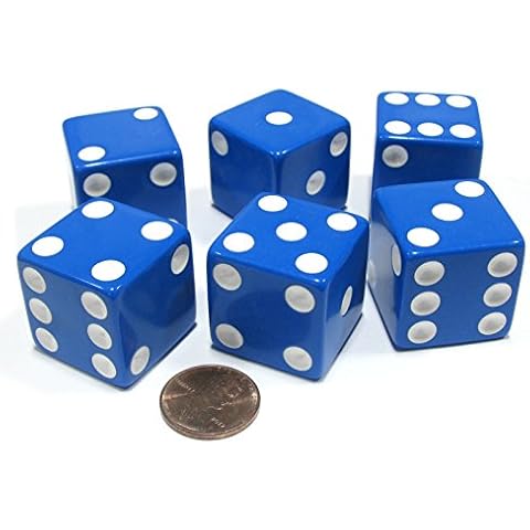 Koplow Games Set of 6 D6 25mm Large Opaque Jumbo Dice - Blue with White Pip Cover