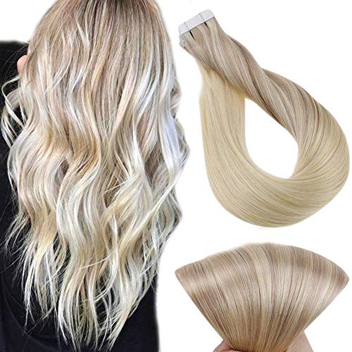 Full Shine Seamless Tape in Hair Extensions Color Nordic 18-22-60 Platinum Blonde Hair Extensions 50 Gram Invisible Tape Hair Extensions 20 Inch Double Sided Glue on Hair 20 Pcs Remy Hair