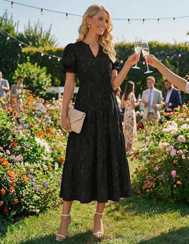 Image of ZESICA Womens Summer Floral Flowy Midi Dress 2026 Puff Short Sleeve V Neck Ruffle Tiered Beach Vacation Party Dresses