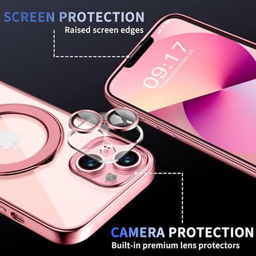 Image of Magnetic for iPhone 13 Case with Invisible Stand[Compatible with MagSafe][Full Camera Lens Protector][Military Drop Protection] Shockproof Not Yellowing Clear Soft Slim for Women Men, Pink
