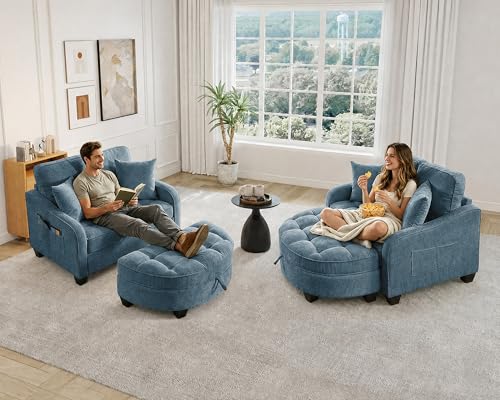 Image of Oversized Chair and A Half, Chenille Tufting Accent Cozy Reading Sofa Chair with Storage Ottoman, Upholstered Loveseat Chaise Lounge Sofa with Adjustable Back for Living Room, Office, Sunroom, Blue