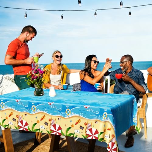 Image of QZYL 4 PCS Summer Beach Tablecloth, 54 x 108 Inch Pool Beach Tablecloth Summer Party Decorations, Disposable Plastic Beach Table Cloth, Hawaiian Table Cloth for Summer Tropical Pool Party Decorations