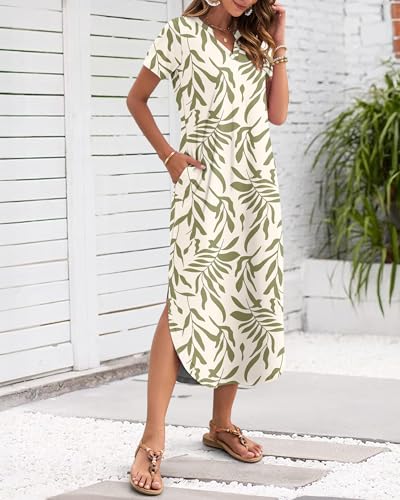 Image of MISFAY Women's Summer Maxi Dress 2026 Casual Short Sleeves V Neck Loose Sundress Split Long Beach T Shirt Dress