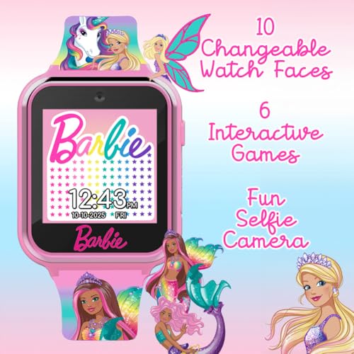 Barbie Kids Smartwatch - Interactive Fun with 10 Watch Faces, Camera, Games, Alarm, Step Tracker & More - Stylish Gift for Girls with Printed Unicorn & Mermaid Straps - Fits Wrists 5.5'' to 8.0"2