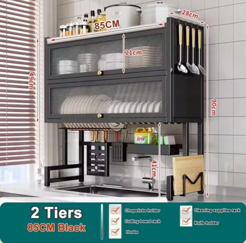 Image of HomeCloud Over-The-Sink Dish Drying Rack with Dustproof Flip Cover Door | Easy DIY Assembly with Video Guide in Listing & Manual Inside the Box | Approx. 15-Minute Installation (Black, 90x85x28Cm)