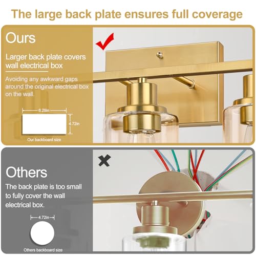 Image of Indoi 3-Light Vanity Lights with Clear Glass Shades, Brushed Gold Bathroom Light Fixtures Over Mirror, Modern Bathroom Wall Lamp for Mirror Living Room Cabinet Bedroom Porch