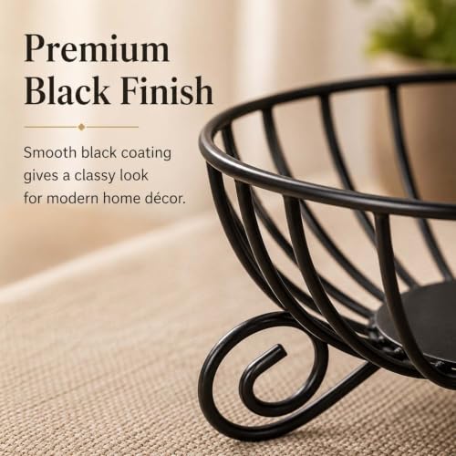 Image of Go Hooked Metal Fruit & Vegetables Basket 23cm | Modern Decorative Wire Fruit Bowl with Scroll Base | Multipurpose Storage Basket for Fruits, Vegetables, Bread, Snacks & Tabletop Display