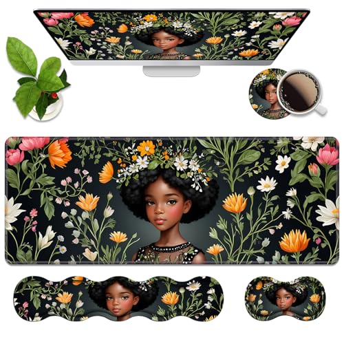 4 in 1 Ergonomic Memory Foam Mouse Pad Wrist Rest Set, Large XXL Gaming Desk Pad + Keyboard Wrist Rest + Mouse Wrist Cushion + Coaster for Home Office Study Gaming, African American Black Girl