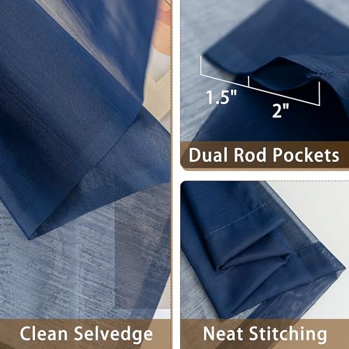 Image of Navy Blue Sheer Curtains 63 Inch Length, Privacy Semi Sheer Curtains for Living Room Bedroom, Light Filtering Rod Pocket Voile Window Drapes 2 Panels Set, Each 42 inch W x 63 inch L