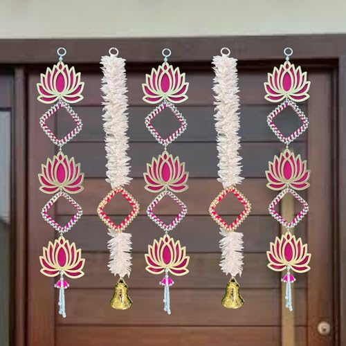 Image of Rajasthan Kraft MDF Lotus Flower Hanging with Gajra Set of 5, 22 Inches, Pink & White, Used for Home Decor, Festive Decorations, Wedding & Event Decor