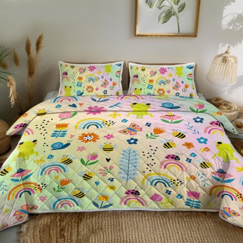 Sleepwish Bee Frog Print Quilt Set Soft Lightweight Bed Set Colorful Butterfly Bedspread 3pcs for Kids Girls with 1 Quilt and 2 Pillow Covers (Twin)