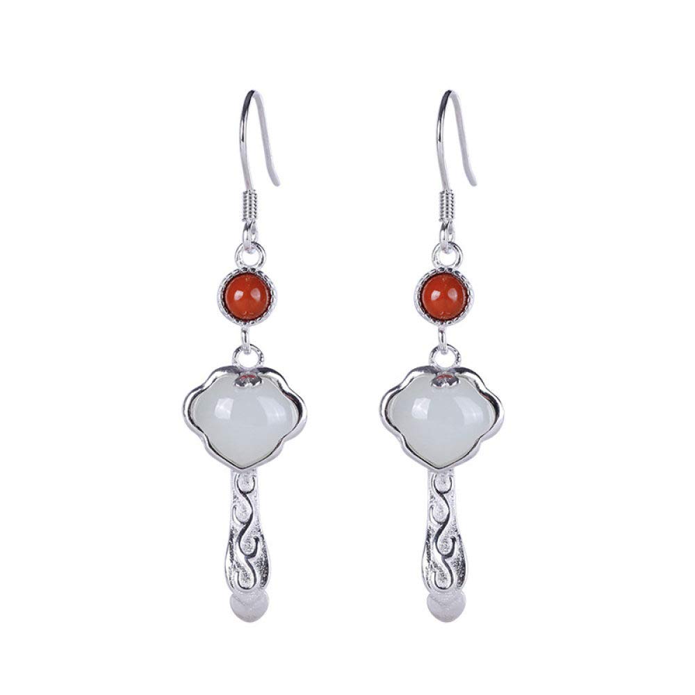 Vintage S 925 srebrne kolczyki dla kobiet, proste kolczyki na sztyfcie, długie, białe Jade Ruyi Fashion Court kreatywny temperament elegancki prezent 3D