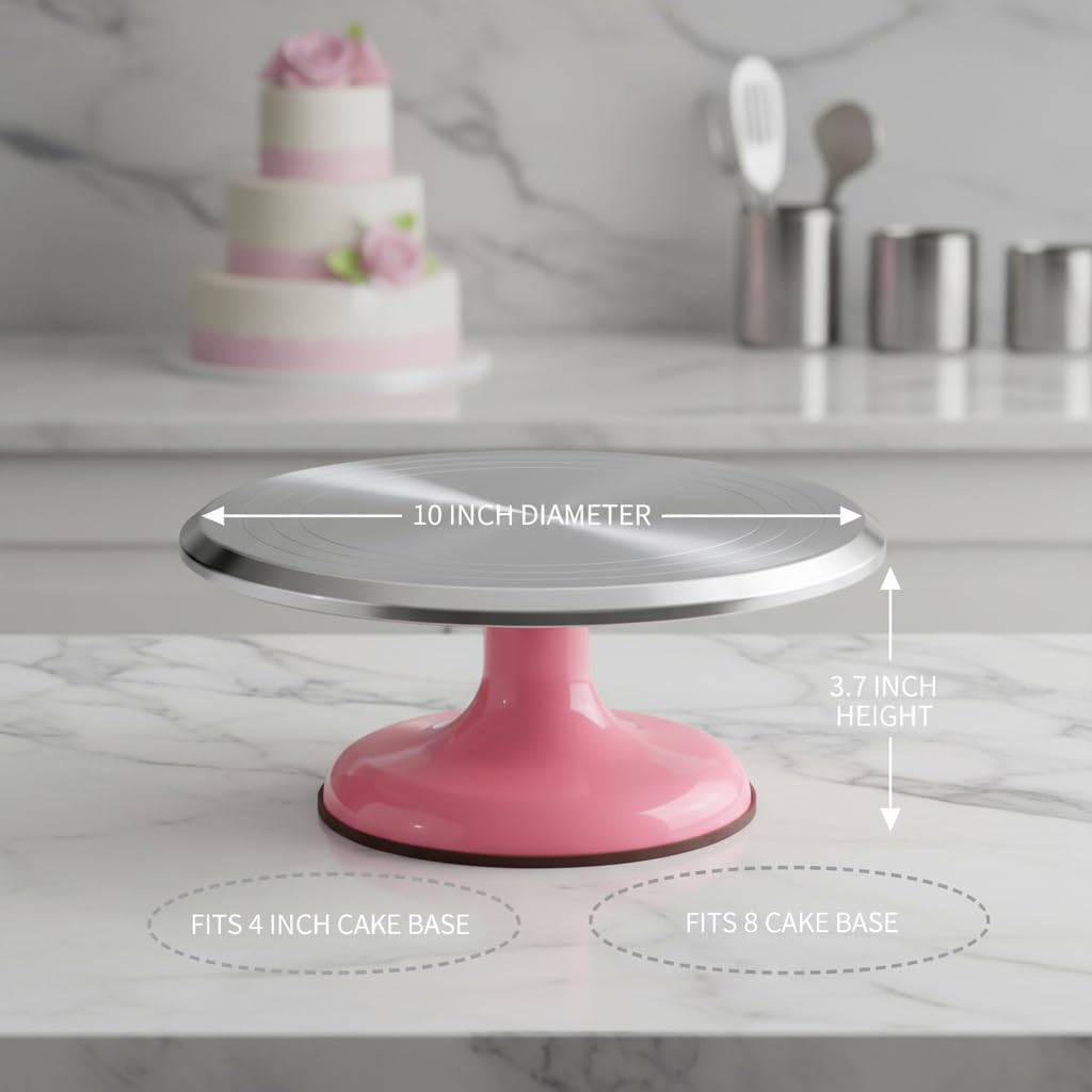 Soporte giratorio para decoración de pasteles, 10 pulgadas, redondo, de aluminio, giratorio, para decoración de pasteles en el hogar, suministros de decoración de pasteles (rosa)
