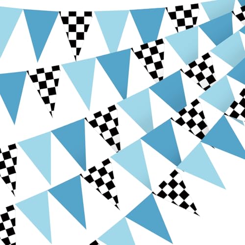 Image of Tiamon 5 Pcs Racing Car Flag Banner Party Decorations Dusty Blue Black | Racing Car Checkered Triangle Flag Race Car Pennant Banner Garland for Birthday Baby Shower 2nd Two Fast Party Supply