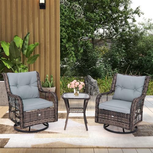 HAPPYGRILL 3 Pieces Outdoor Swivel Rocking Bistro Set with Side Table and Soft Cushions, PE Rattan Patio Furniture Set Glider Rocker Chair Set for Porch, Backyard, Garden and Poolside - Image 3