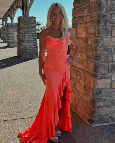 Mermaid Sparkly Prom Dresses with Slit Strapless Sequin Formal Evening Gown for Women2