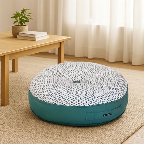 Image of Reversible 60x60x10 cm Woven Quilted Peacock Floor Cushion with Cotton Filler for Seating, Patio Seat, Meditation, Yoga, Pooja, Guests, Living Room, Bedroom, Large Size 24x24x4 Inch