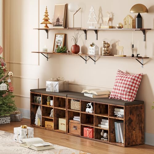 image for DINZI LVJ Shoe Storage Bench with Cushion, Cubby Shoe Rack with 12 Cub