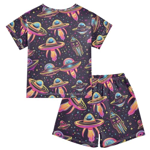 ALAZA Neon Alien Spacecraft Pajamas Set Short Sleeve Cotton Sleepwear Summer Pjs 2 Piece 5-14Y2