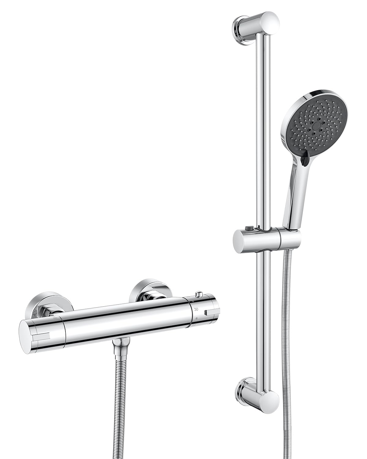 Thermostat Duscharmatur mit Brausegarnitur, Wand Duscharmatur Komplettset Duschsystem mit Thermostat, Duschset mit Duschstange 635mm | Handbrause | 1.5m Schlauch, Chrom, Sicherheitssperre bei 38 °C