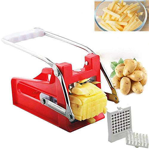 MAOMEI French Fry Cutter and Vegetable Choppe With 2 Interchangeable Blades - Great for Potatoes Onions Carrots Cucumbers And More Plastic and stainless steel Red Color