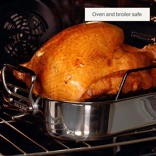 Image of All-Clad Specialty Stainless Steel Roaster and Nonstick Rack 16x13x5 Inch Oven Broiler Safe 600F Roaster Pan, Pots and Pans, Bakeware, Turkey, Silver (Pack of 2)