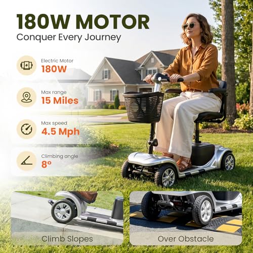 Image of Mobility Scooter for Adults, Senior, 4 Wheels Electric Powered Chargeable Device for Travel, Lightweight Mobility Scooter with LED Headlights and Basket, Charger Included (Silver /Black)