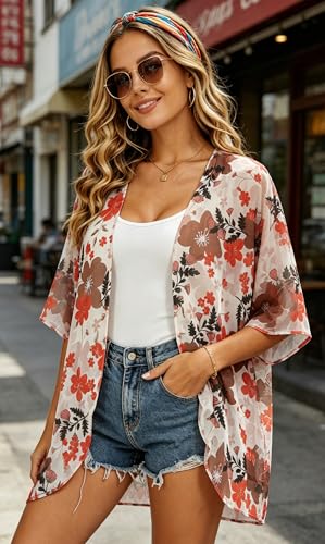 Image of FINOCEANS Womens Floral Chiffon Kimono Cardigans Loose Beach Cover Up Half Sleeve Tops