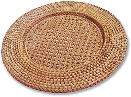 12.6 IN(32CM) Straw Hat-shaped Natural Handmade Rattan Placemat Fruit Plate Heat-resistant Heat Insulation Pad Tripod