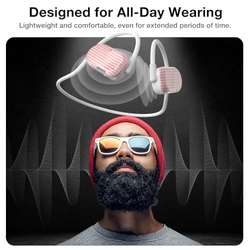 Image of Purity Air Open Ear Headphones - True Air Conduction Wireless Bluetooth Open Ear Earbuds with Dual Mic for iPhone /Android - Secured Long Wearing Comfort, Sports Sweat Resistant (Pink Stripes)