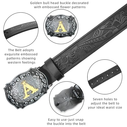 Image of Mens Western Cowboy Cowgirl Faux Leather Belt Longhorn Bull Pattern Letter Big Buckle Embossed Floral Belts