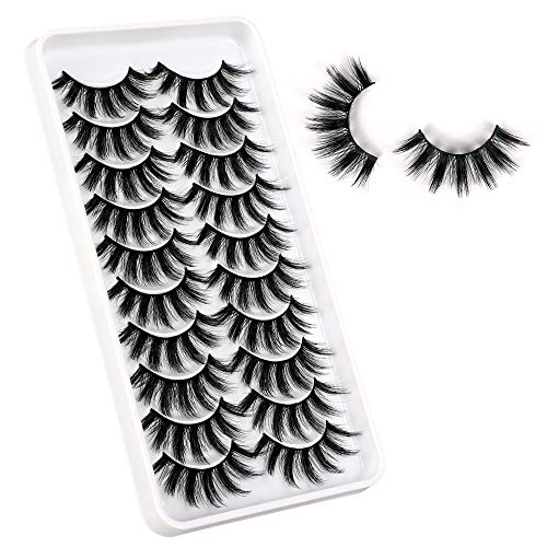 Yawamica Thick Eyelashes 3D Lashes Pack Long Fluffy False Eyelashes 10 Pairs Light Volume Fake Eyelashes Natural Wispy Crossed Faux Mink Lashes Reusable Curled Makeup 3D Lashes