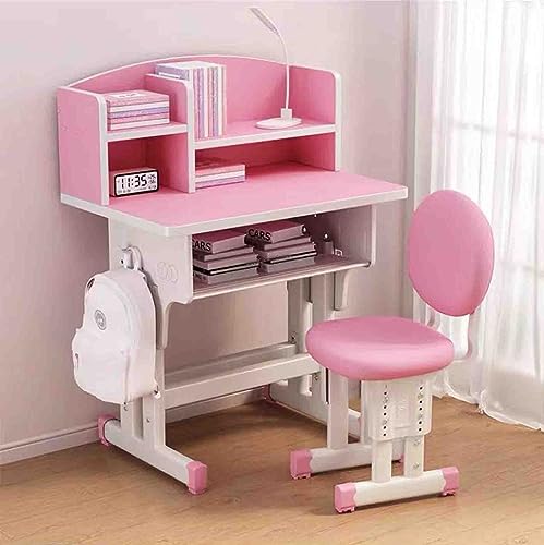 Juego de escritorio y silla de estudio de altura ajustable con cajón de almacenamiento, mesa de dibujo multifuncional con gancho y silla ajustable, color rosa