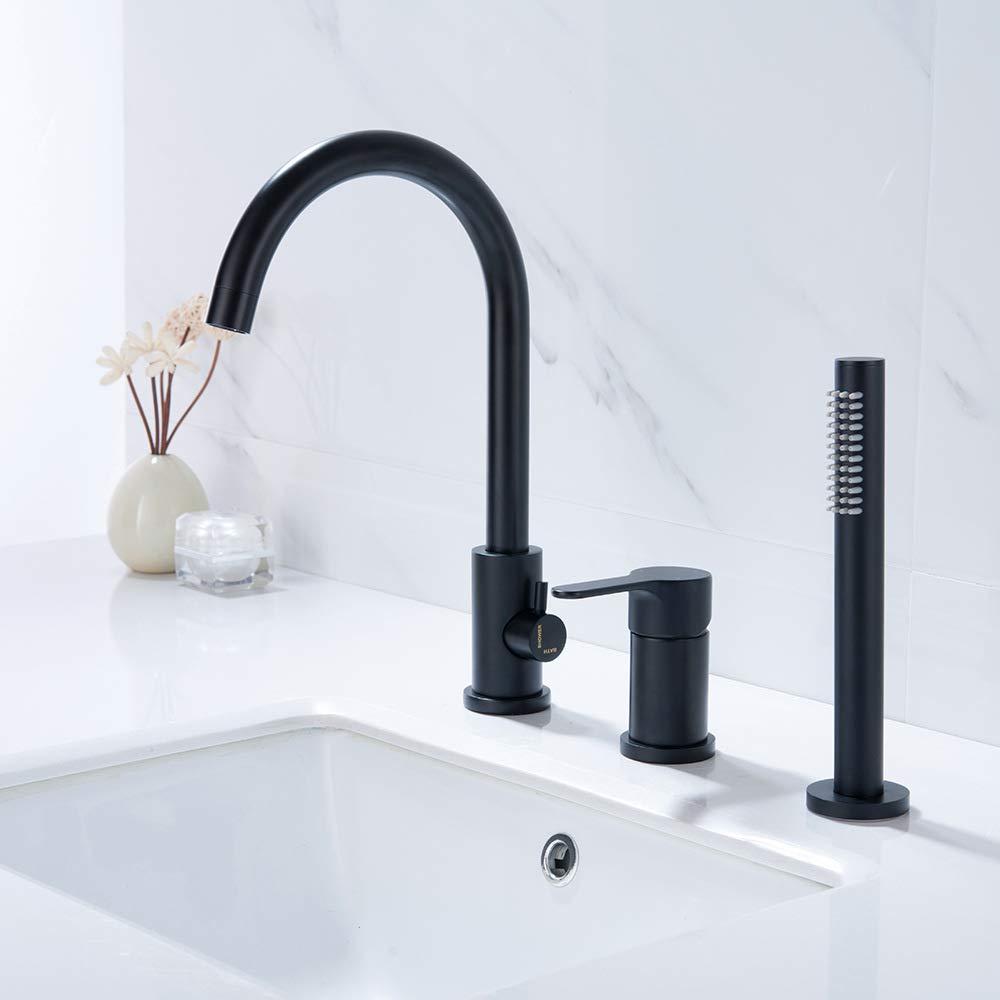 Grifos para bañera con mezclador de ducha, válvula de latón para bañera, grifos para lavabo de baño montados en cubierta, juego de grifo dividido para agua fría y caliente, color negro, juego de 3 pi