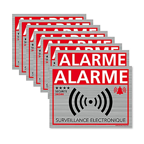 Autocollant alarme maison dissuasifs (x8) – Alarme surveillance électronique aluminium brossé - Taille de l'adhésif anti-cambriolage 80x60 mm - Sticker de...