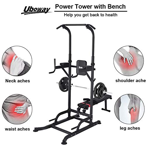 UBOWAY Power Tower with Bench: Pull Up Bar Stand Dip Station Adjustable Height Heavy Duty Multi-Function Fitness Training Equipment Home Gym